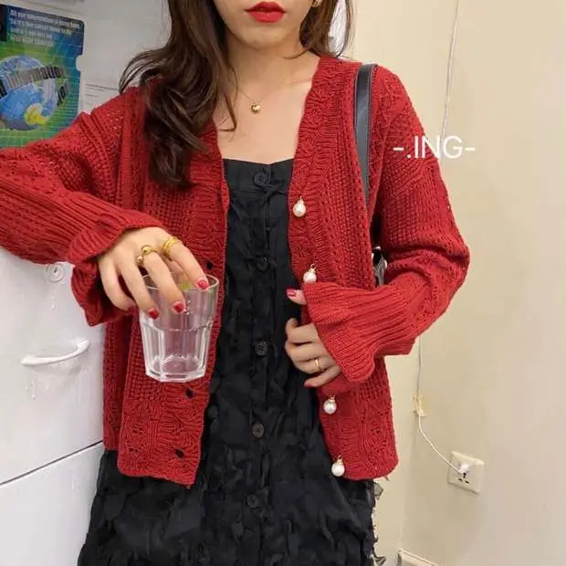 Women Crochet Hollow Knitted V-Neck Cardigan with Tulle Skirt — feature 22