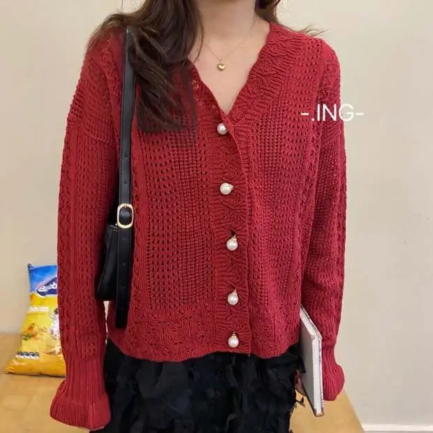 Women Crochet Hollow Knitted V-Neck Cardigan with Tulle Skirt — feature 23