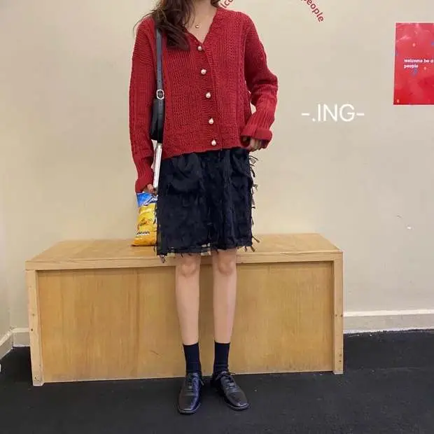 Women Crochet Hollow Knitted V-Neck Cardigan with Tulle Skirt — feature 24