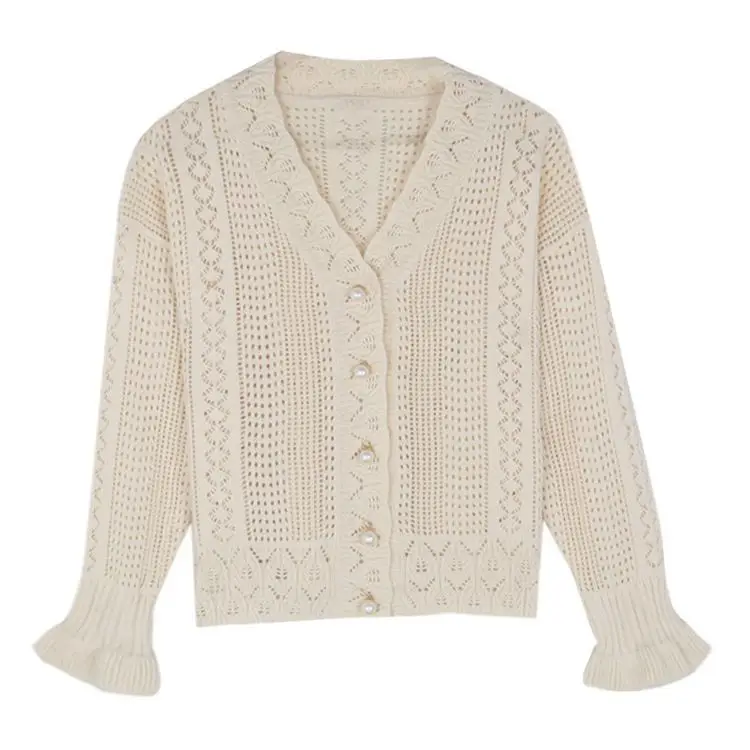 Women Crochet Hollow Knitted V-Neck Cardigan with Tulle Skirt — feature 26
