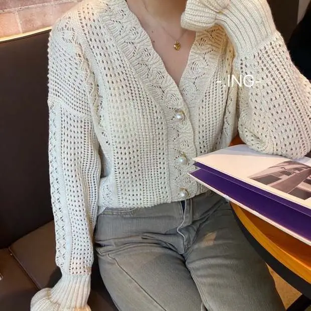 Women Crochet Hollow Knitted V-Neck Cardigan with Tulle Skirt — feature 27