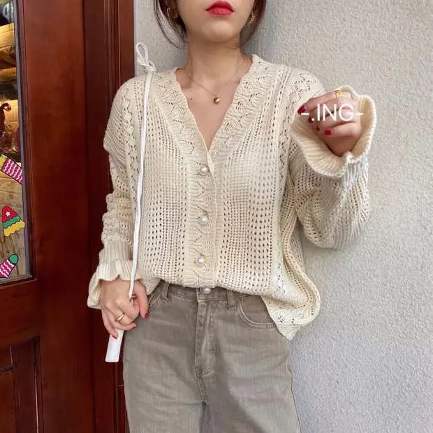 Women Crochet Hollow Knitted V-Neck Cardigan with Tulle Skirt — feature 28