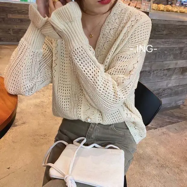 Women Crochet Hollow Knitted V-Neck Cardigan with Tulle Skirt — feature 29