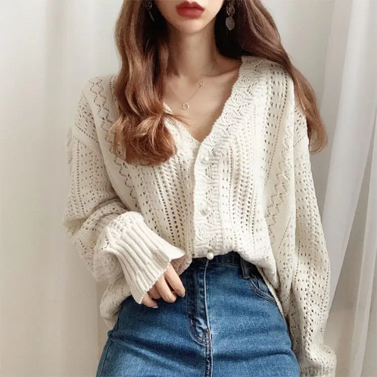 Women Crochet Hollow Knitted V-Neck Cardigan with Tulle Skirt — feature 3