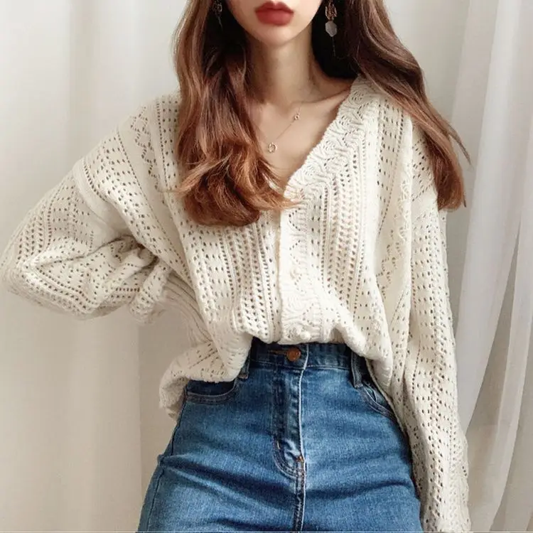 Women Crochet Hollow Knitted V-Neck Cardigan with Tulle Skirt — feature 4