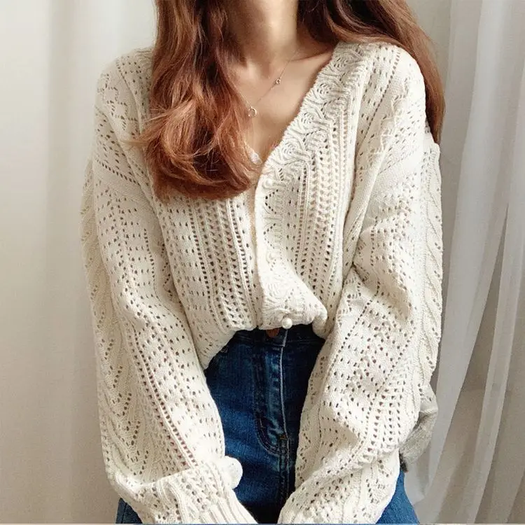 Women Crochet Hollow Knitted V-Neck Cardigan with Tulle Skirt — feature 5