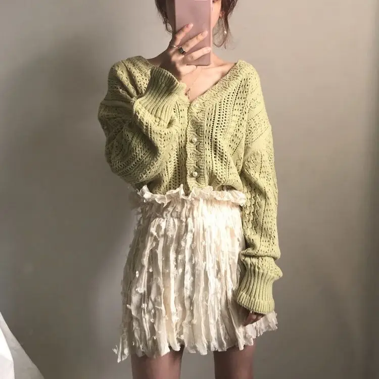 Women Crochet Hollow Knitted V-Neck Cardigan with Tulle Skirt — feature 6