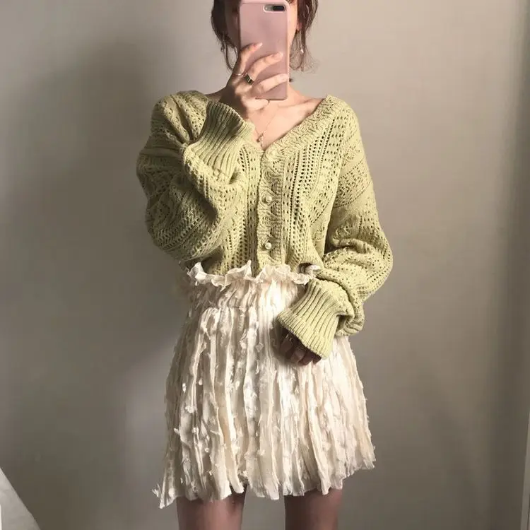 Women Crochet Hollow Knitted V-Neck Cardigan with Tulle Skirt — feature 7