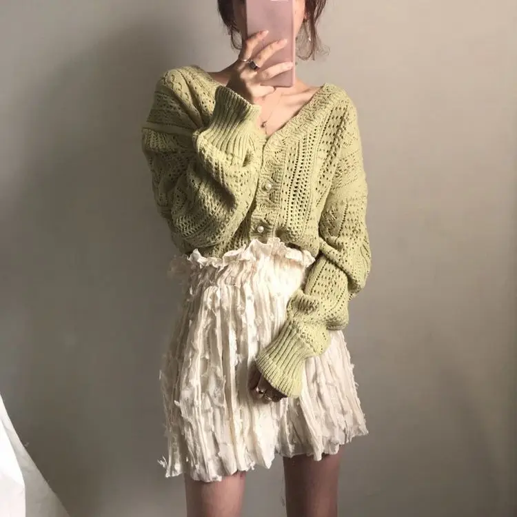 Women Crochet Hollow Knitted V-Neck Cardigan with Tulle Skirt — feature 8