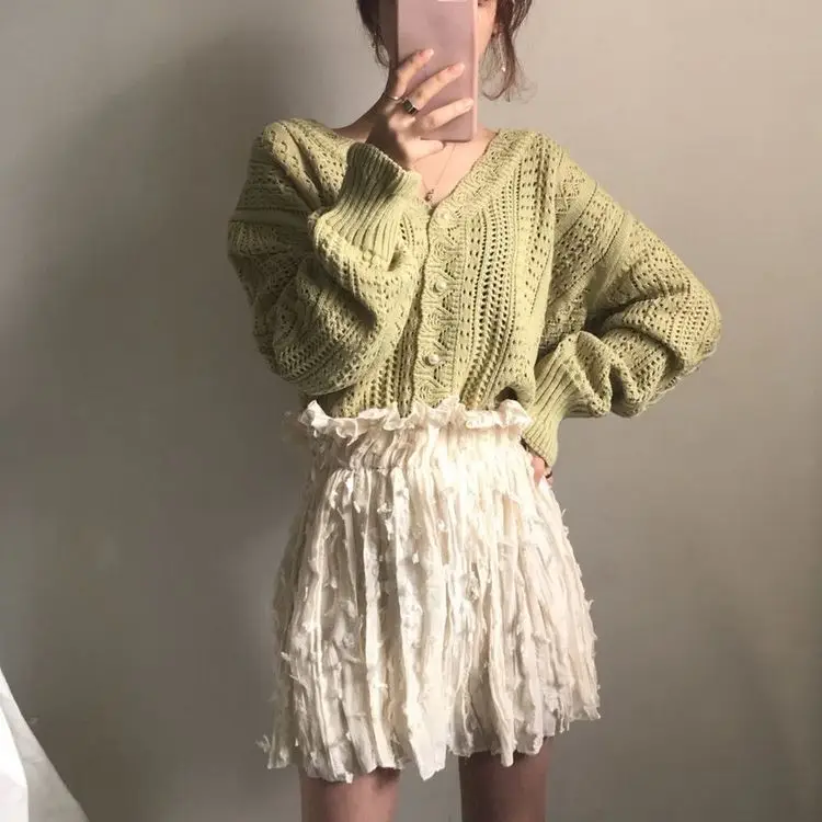 Women Crochet Hollow Knitted V-Neck Cardigan with Tulle Skirt — feature 9