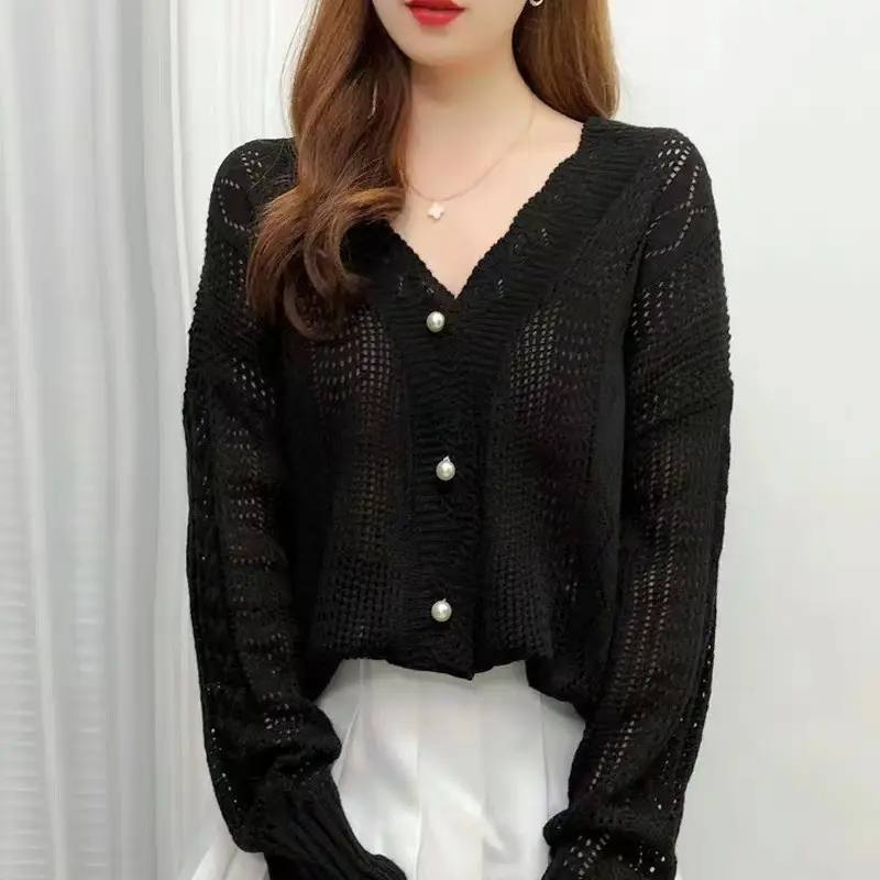 Women Crochet Hollow Knitted V-Neck Cardigan with Tulle Skirt - Image 5