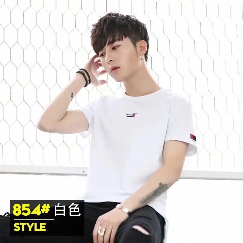 Men White Short Sleeve T-Shirt Korean Style Slim Fit