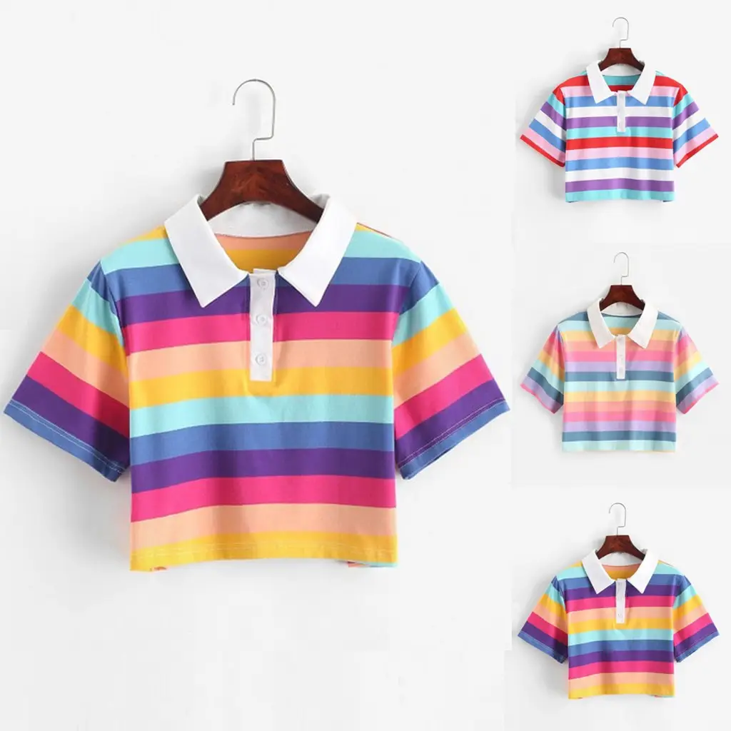 Rainbow Striped Women's Short Sleeve Polo Shirt