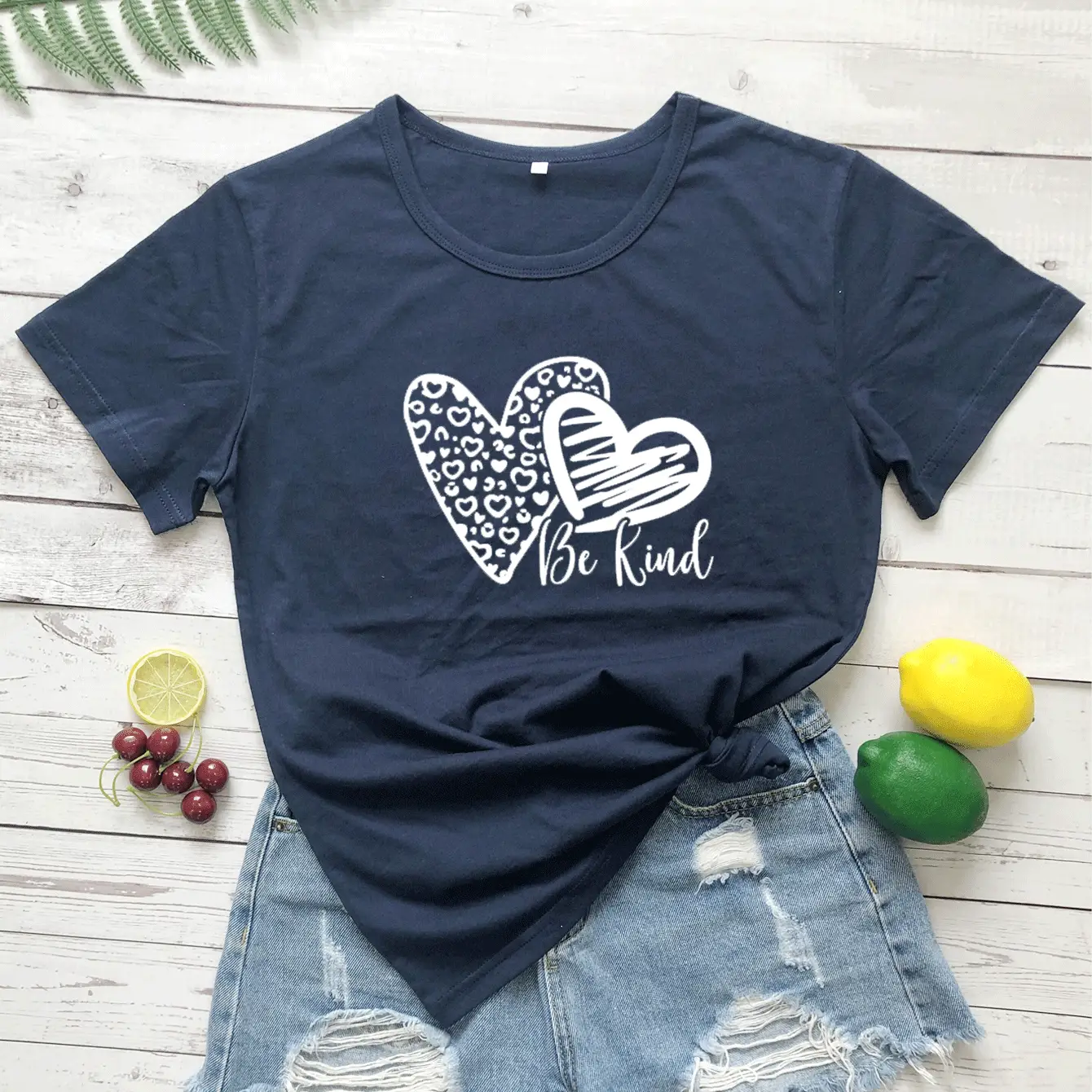 Be Kind Heart Print T-Shirt Navy Blue Short Sleeve - Image 10