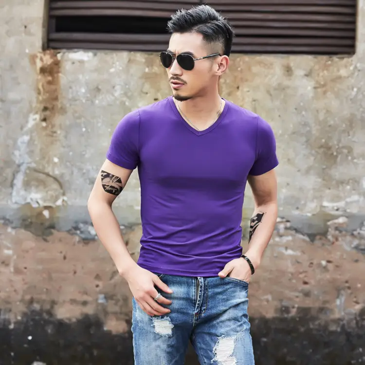 Men V-Neck Slim Fit T-Shirt Yellow - Image 35