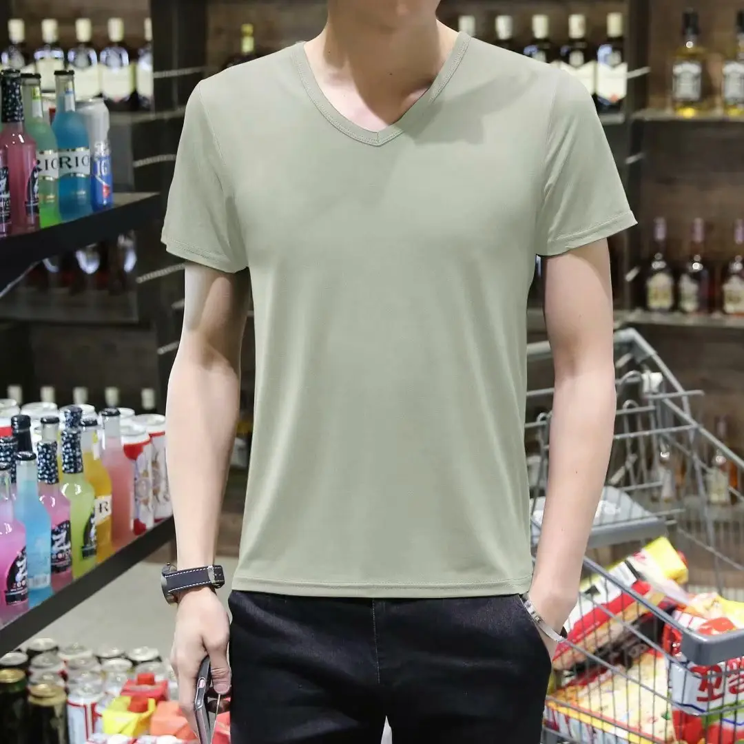 Men V-Neck Slim Fit T-Shirt Yellow - Image 11