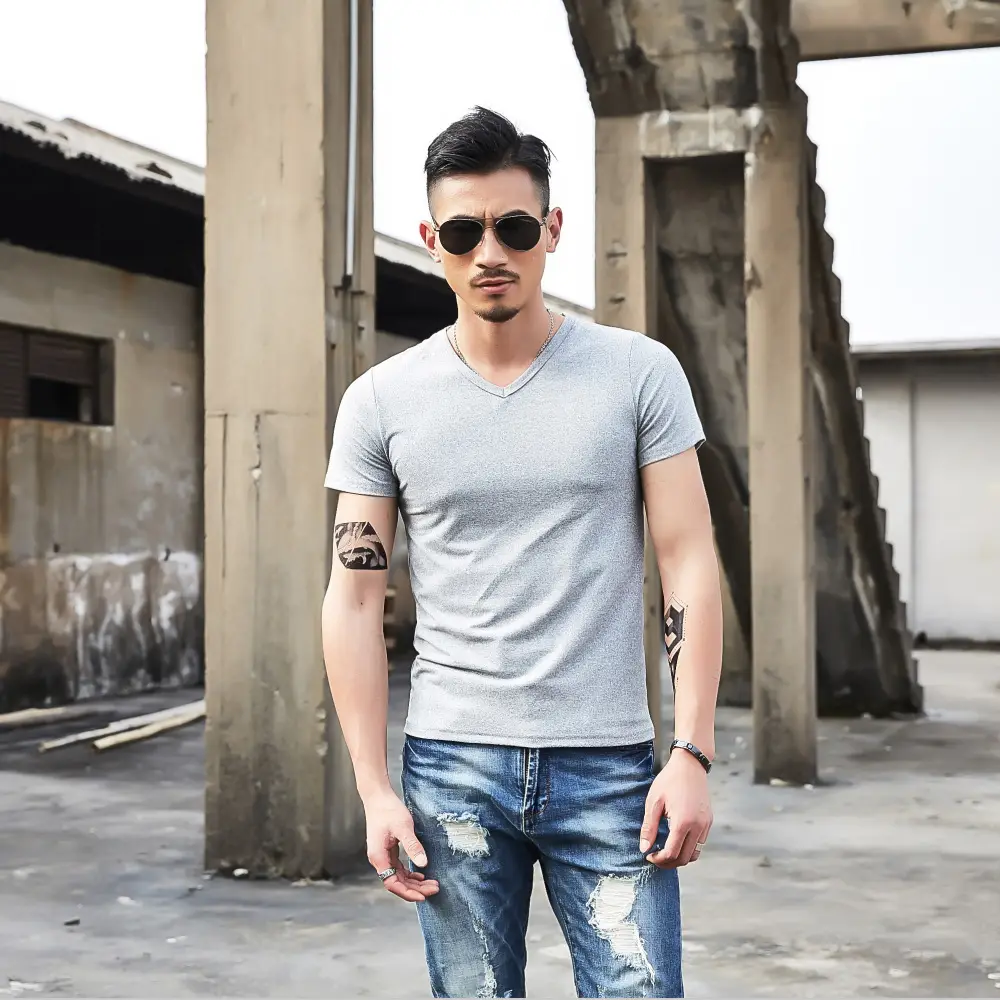 Men V-Neck Slim Fit T-Shirt Yellow - Image 14