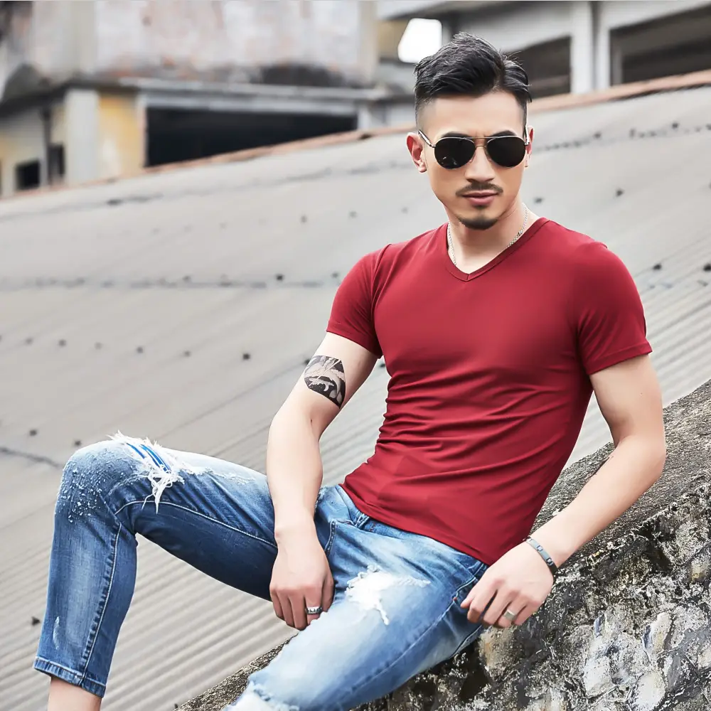 Men V-Neck Slim Fit T-Shirt Yellow - Image 17