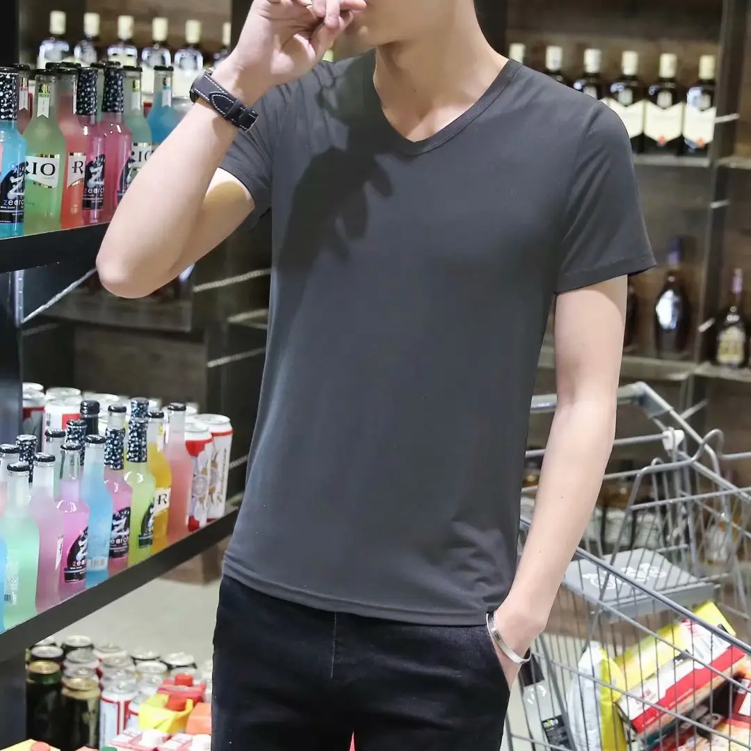 Men V-Neck Slim Fit T-Shirt Yellow - Image 2
