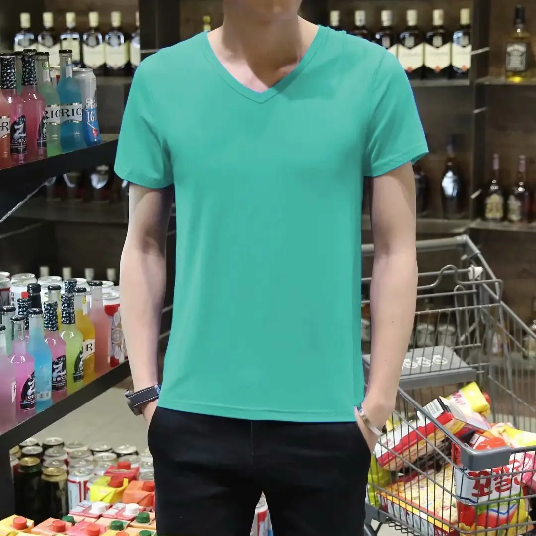 Men V-Neck Slim Fit T-Shirt Yellow - Image 20