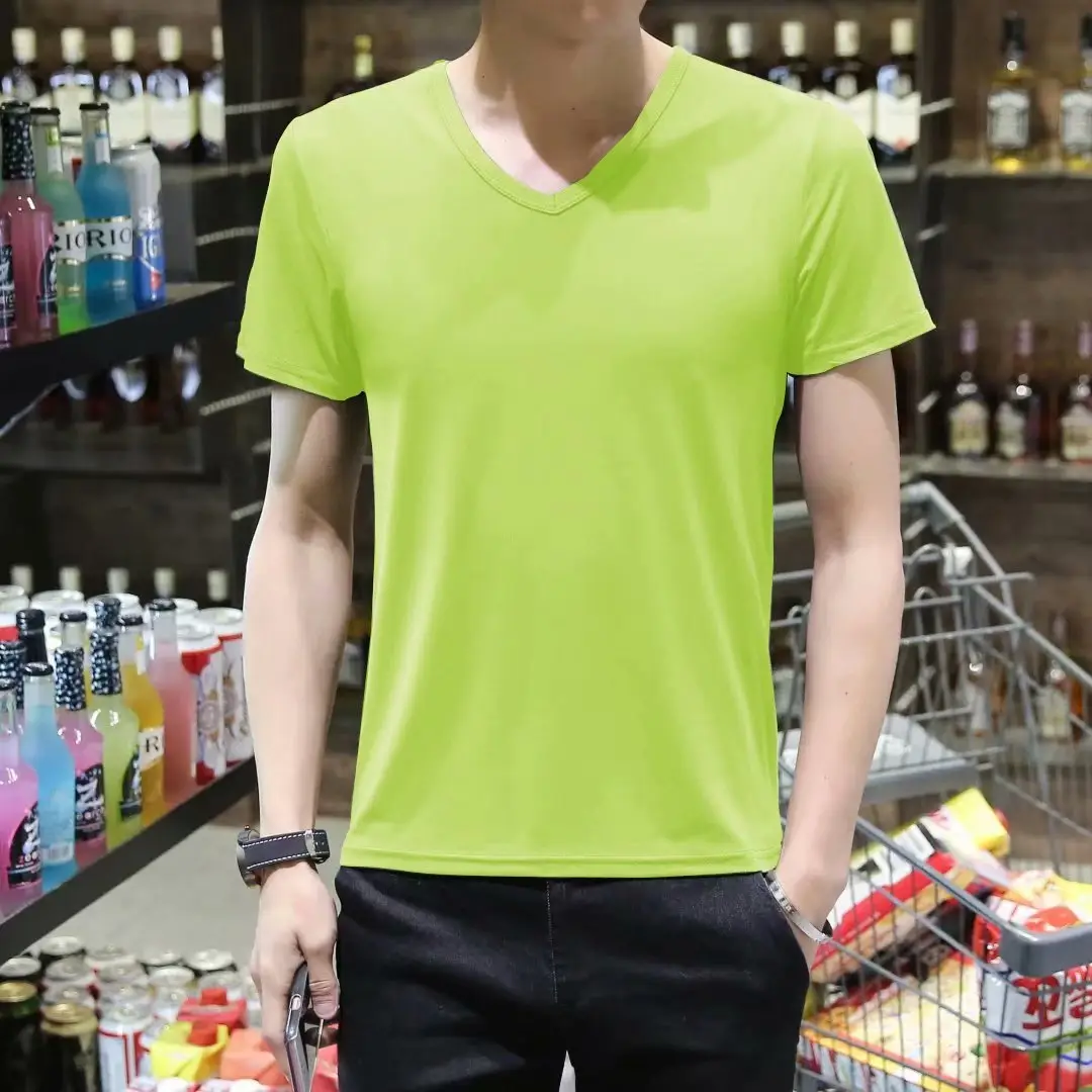 Men V-Neck Slim Fit T-Shirt Yellow - Image 25