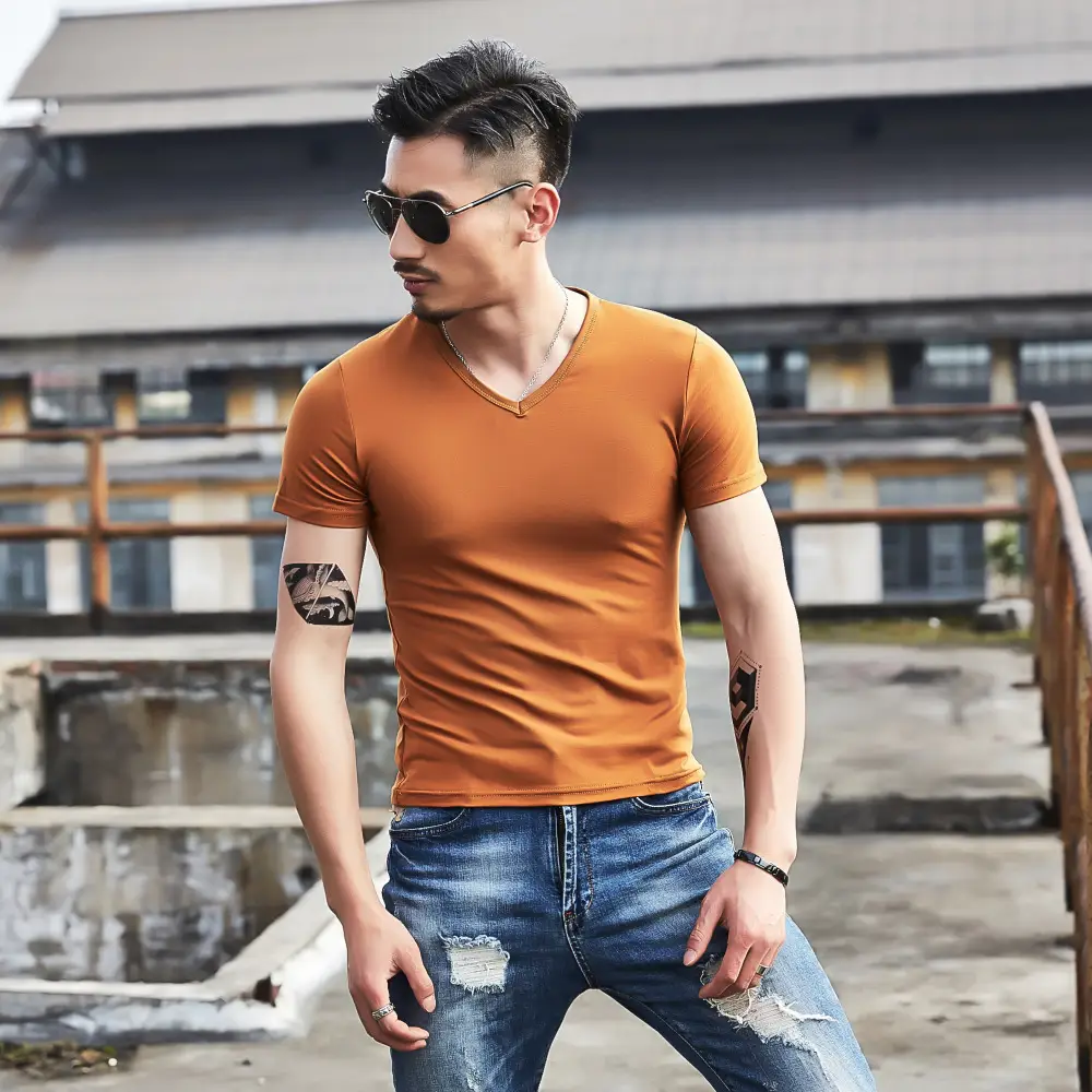 Men V-Neck Slim Fit T-Shirt Yellow - Image 26