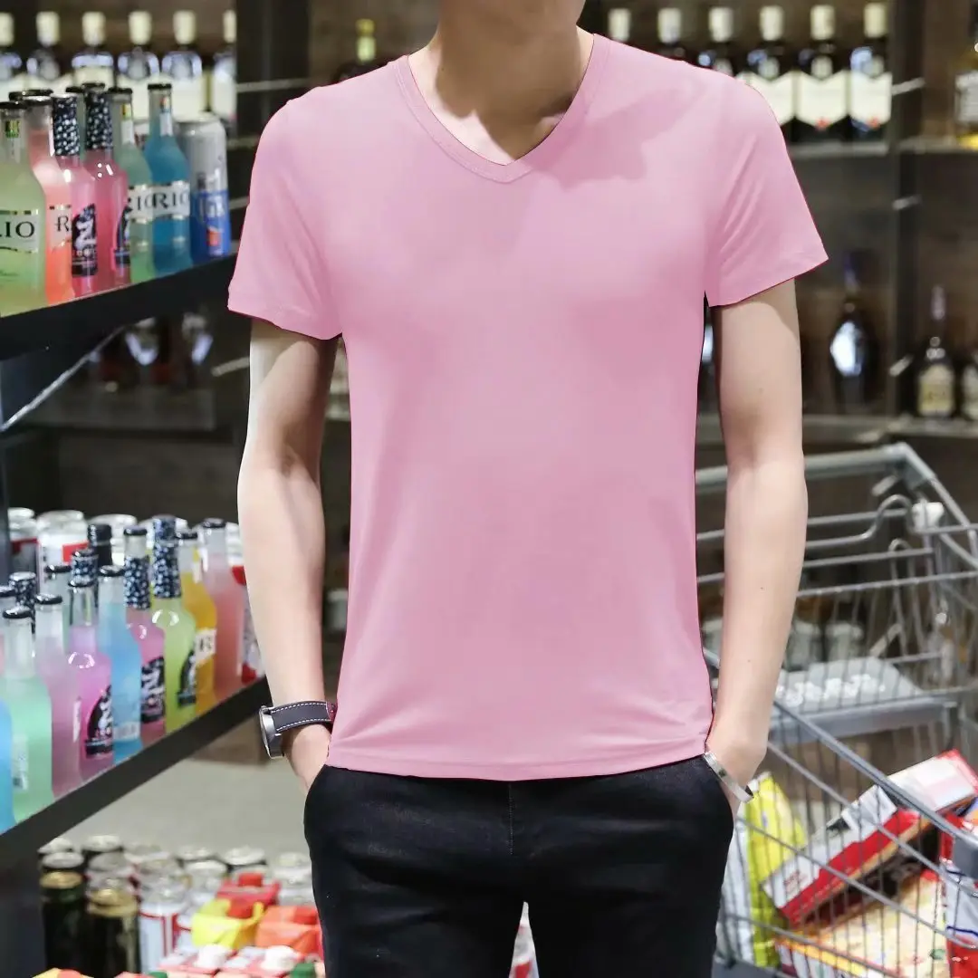 Men V-Neck Slim Fit T-Shirt Yellow - Image 27