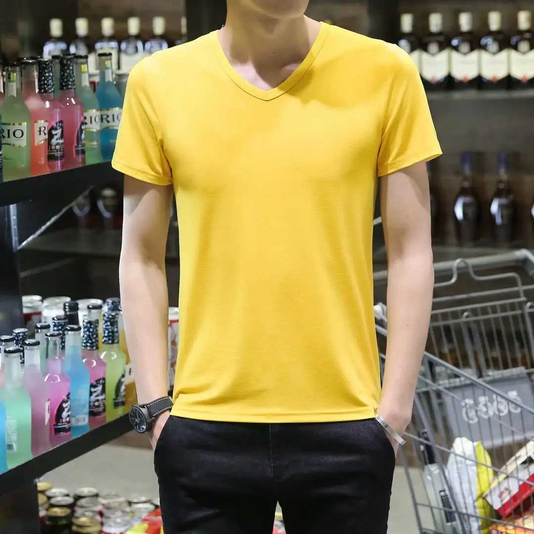 Men V-Neck Slim Fit T-Shirt Yellow - Image 30