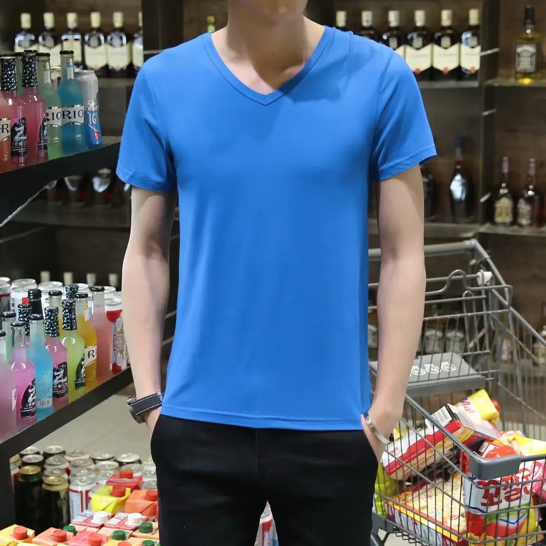 Men V-Neck Slim Fit T-Shirt Yellow - Image 33