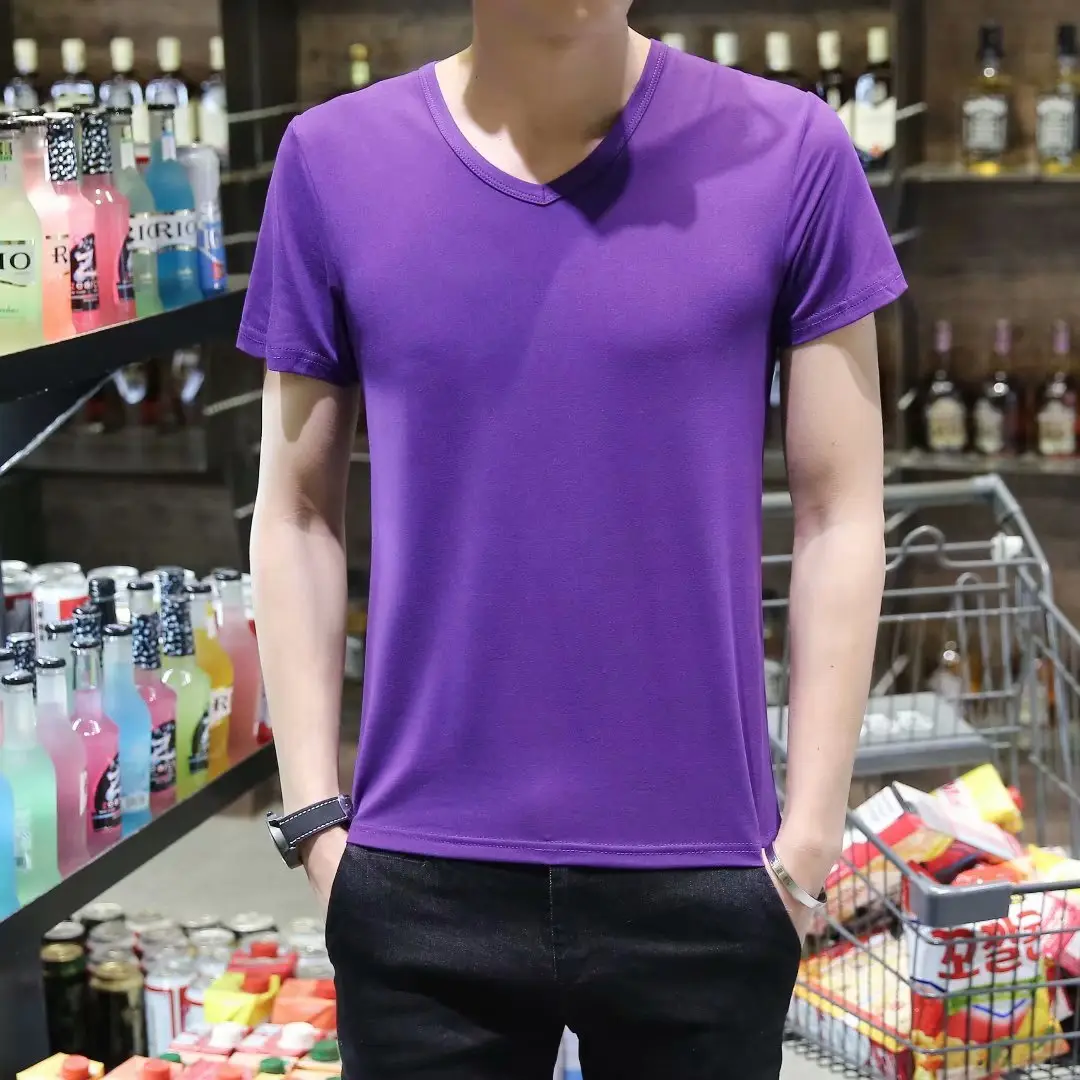 Men V-Neck Slim Fit T-Shirt Yellow - Image 4