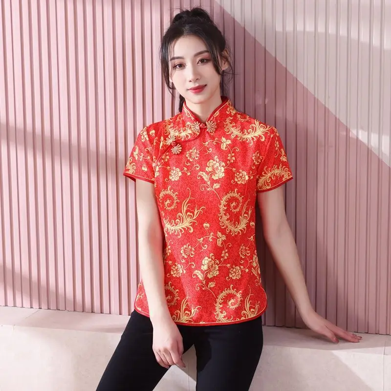 Red Printed Cheongsam Top for Women - Image 15