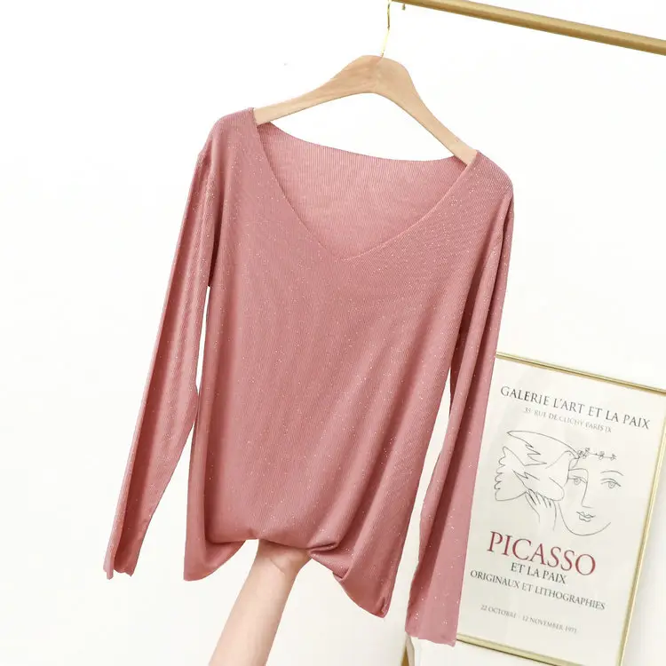 Black V-Neck Long Sleeve Modal T-Shirt for Women