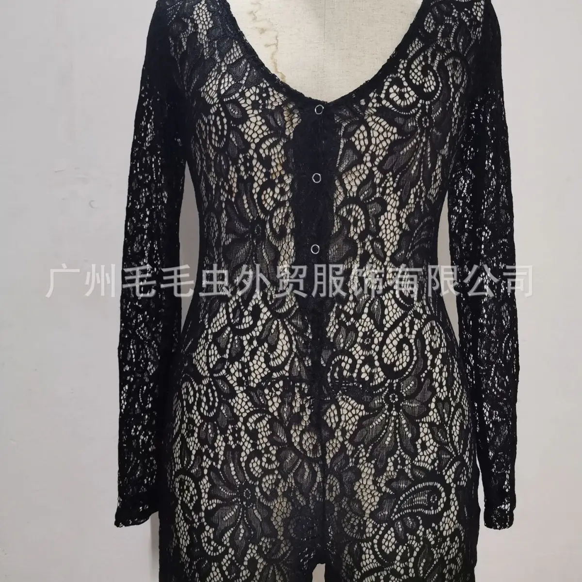 Red Lace Long Sleeve Button Top for Women