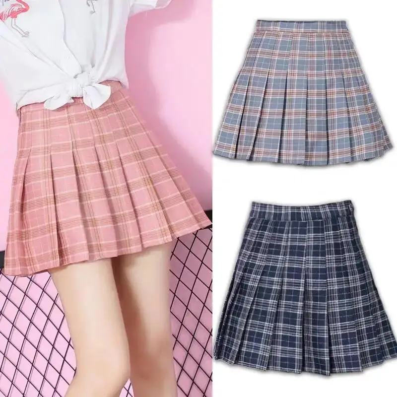 Pink Plaid Pleated Skirt High Waist Women - Image 7