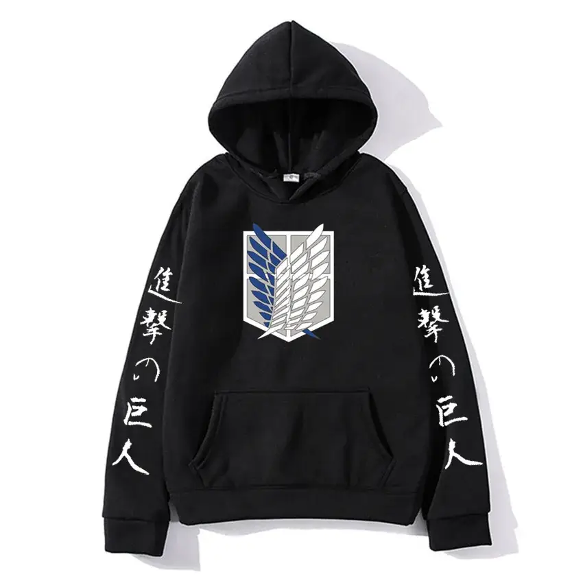 Men Black Attack on Titan Hooded Sweatshirt with Graphic Print