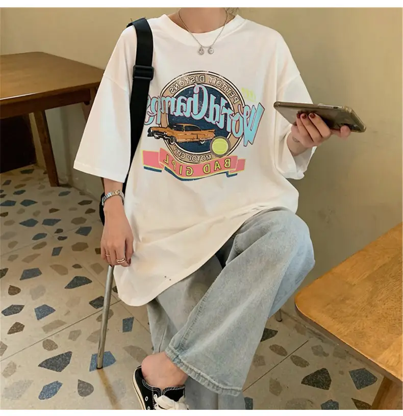 Women Summer T-Shirt White Harajuku Style Loose Fit - Image 2