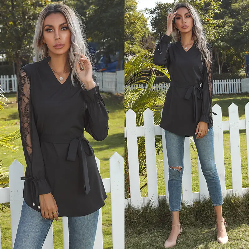 Black Tie-Up Sheer Mesh Shirt for Women