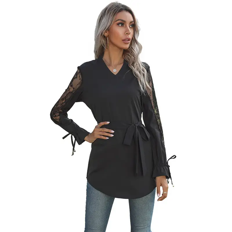 Black Tie-Up Sheer Mesh Shirt for Women