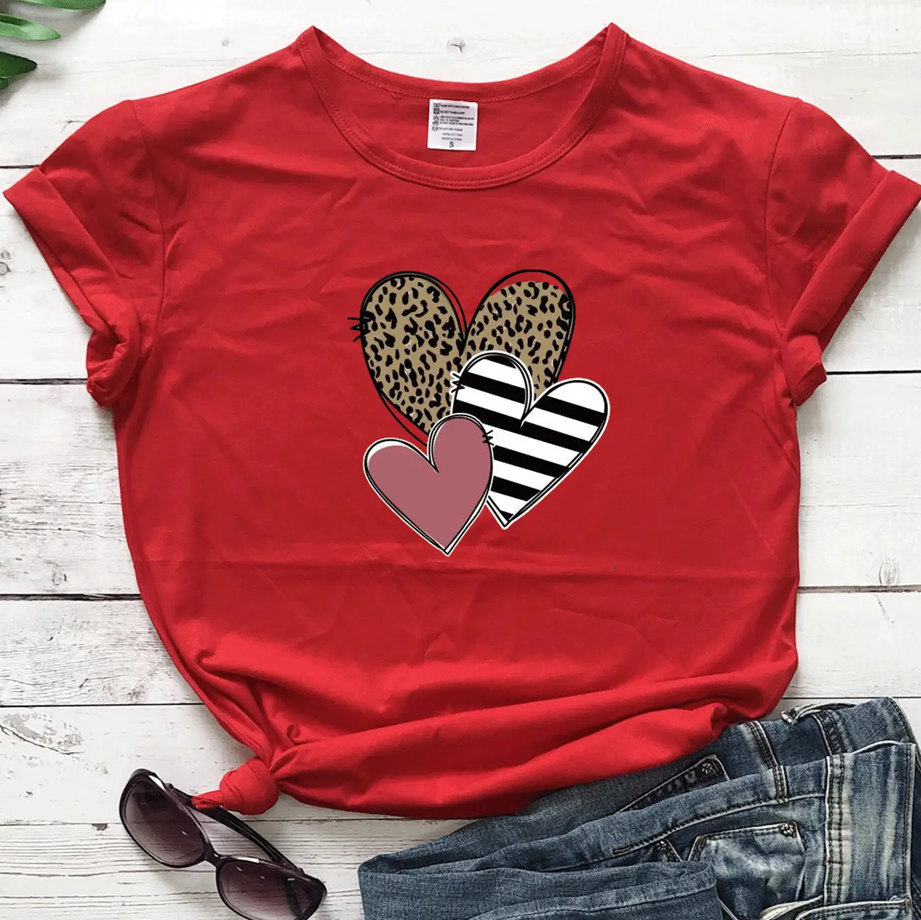 Valentine T-Shirt Grey Leopard Heart Print Short Sleeve - Image 9