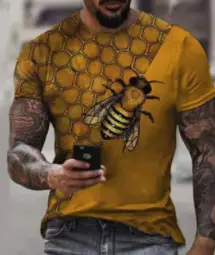 Men 3D Bee Print T-Shirt Grey Short Sleeve