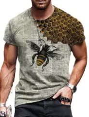 Men 3D Bee Print T-Shirt Grey Short Sleeve — feature 5