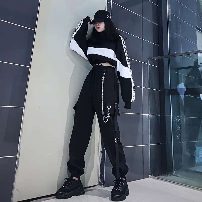 Women Dark High Waist Loose Slim Pants Set Black White - Image 3