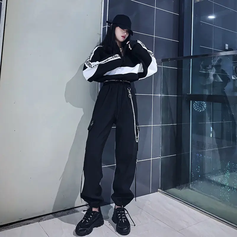 Women Dark High Waist Loose Slim Pants Set Black White - Image 4