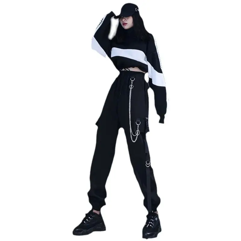 Women Dark High Waist Loose Slim Pants Set Black White - Image 5