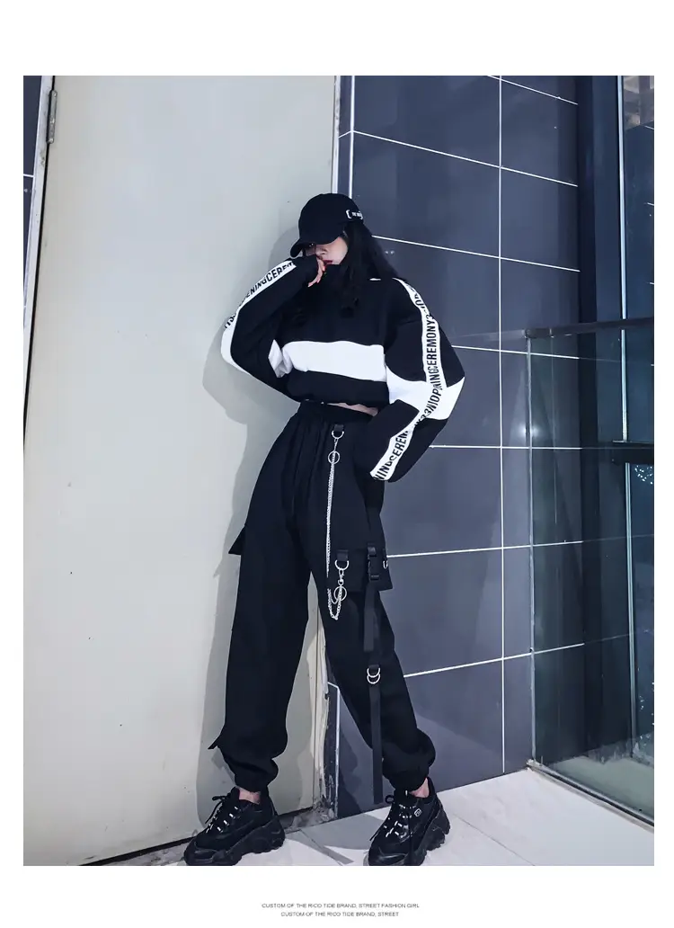 Women Dark High Waist Loose Slim Pants Set Black White — feature 10