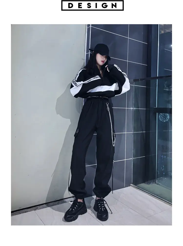 Women Dark High Waist Loose Slim Pants Set Black White — feature 11