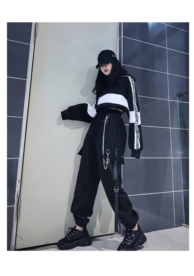 Women Dark High Waist Loose Slim Pants Set Black White — feature 12