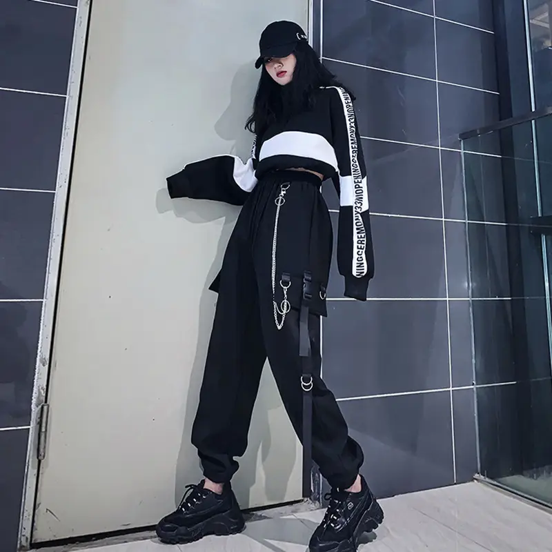 Women Dark High Waist Loose Slim Pants Set Black White — feature 14