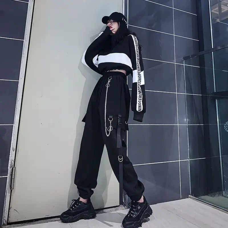 Women Dark High Waist Loose Slim Pants Set Black White — feature 15