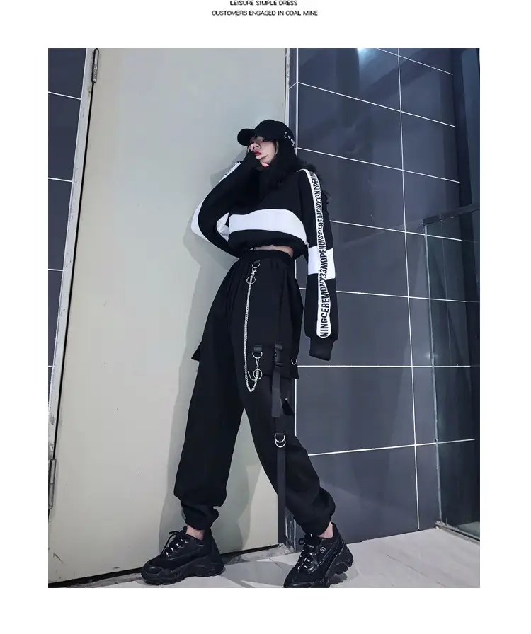 Women Dark High Waist Loose Slim Pants Set Black White — feature 5